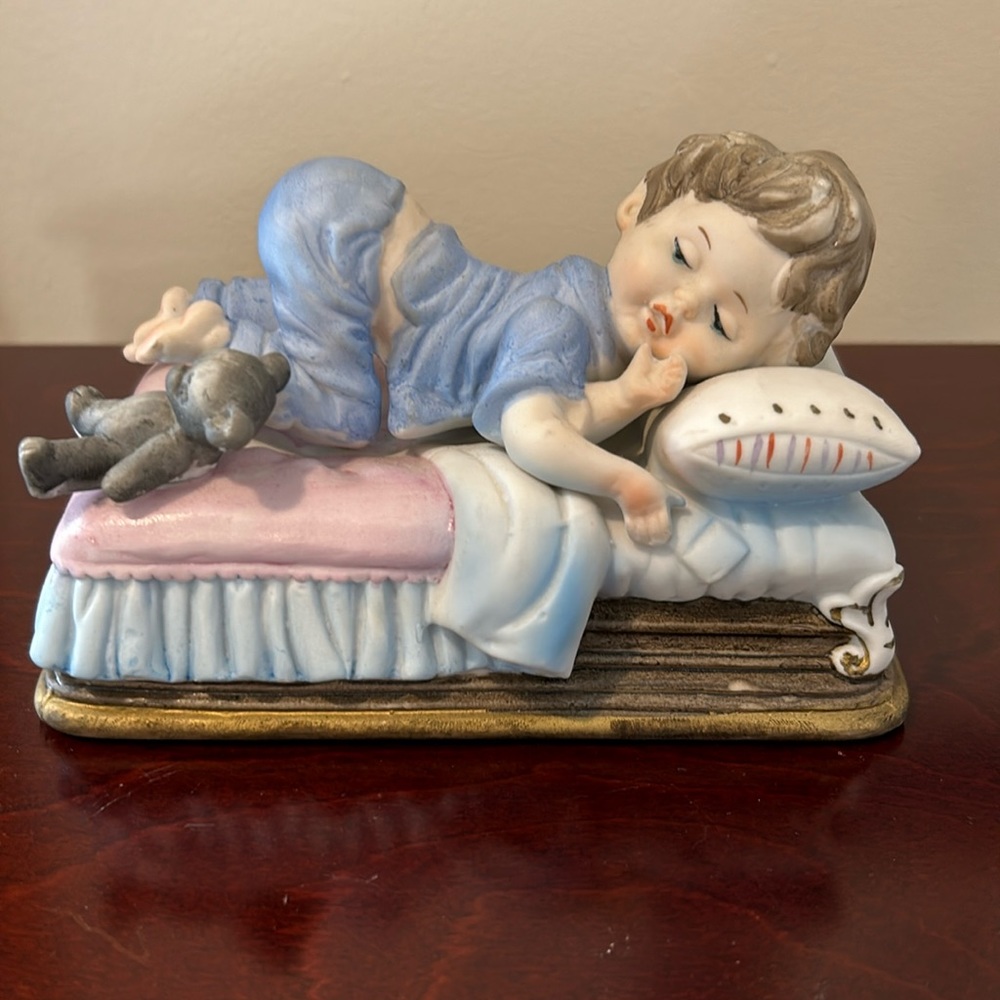 Vintage 1970s Sleeping Boy Figurine Teddy Bear Nursery Decor